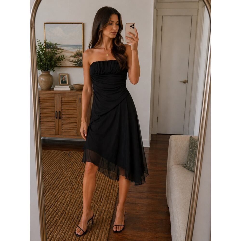 90s Vintage Hot Kiss Black Strapless Midi Dress | Asymmetrical Y2K Wedding Guest
